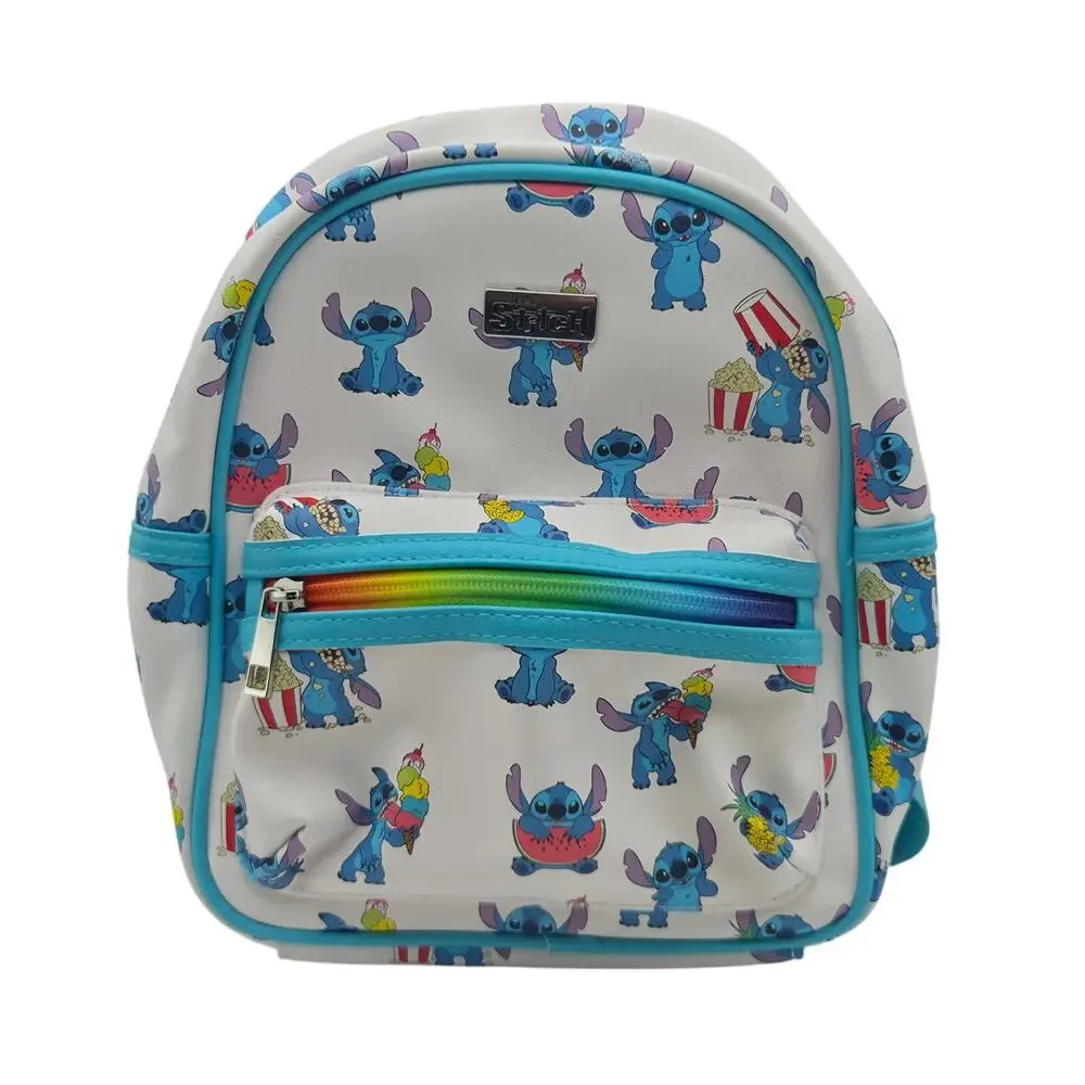 Disney Stitch Mini Backpack Rainbow Zipper Faux Leather Blue White